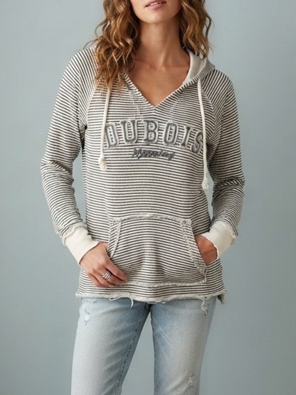 Blue 84 Dubois Wyoming Striped Raw Edge Hoodie Sweatshirt Raw Hem Size Medium